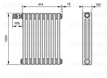 Схема (чертеж) Радиатор Zehnder Charleston 3100/9 №V012 Белый глянцевый RAL 9016